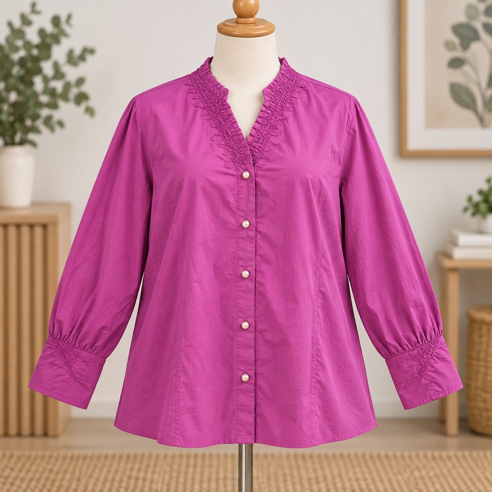 NWT d&co. Signature Blouse Women XL Purple Smocked V-Neck Ruffle Long Sleeve